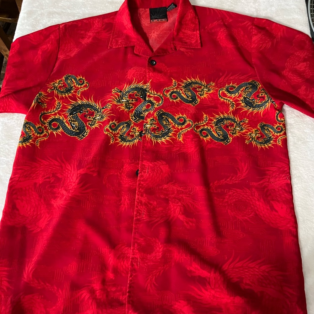 Vintage Korean C-Two Club Grunge Button Down Shirt Red Dragon Size L Button Up